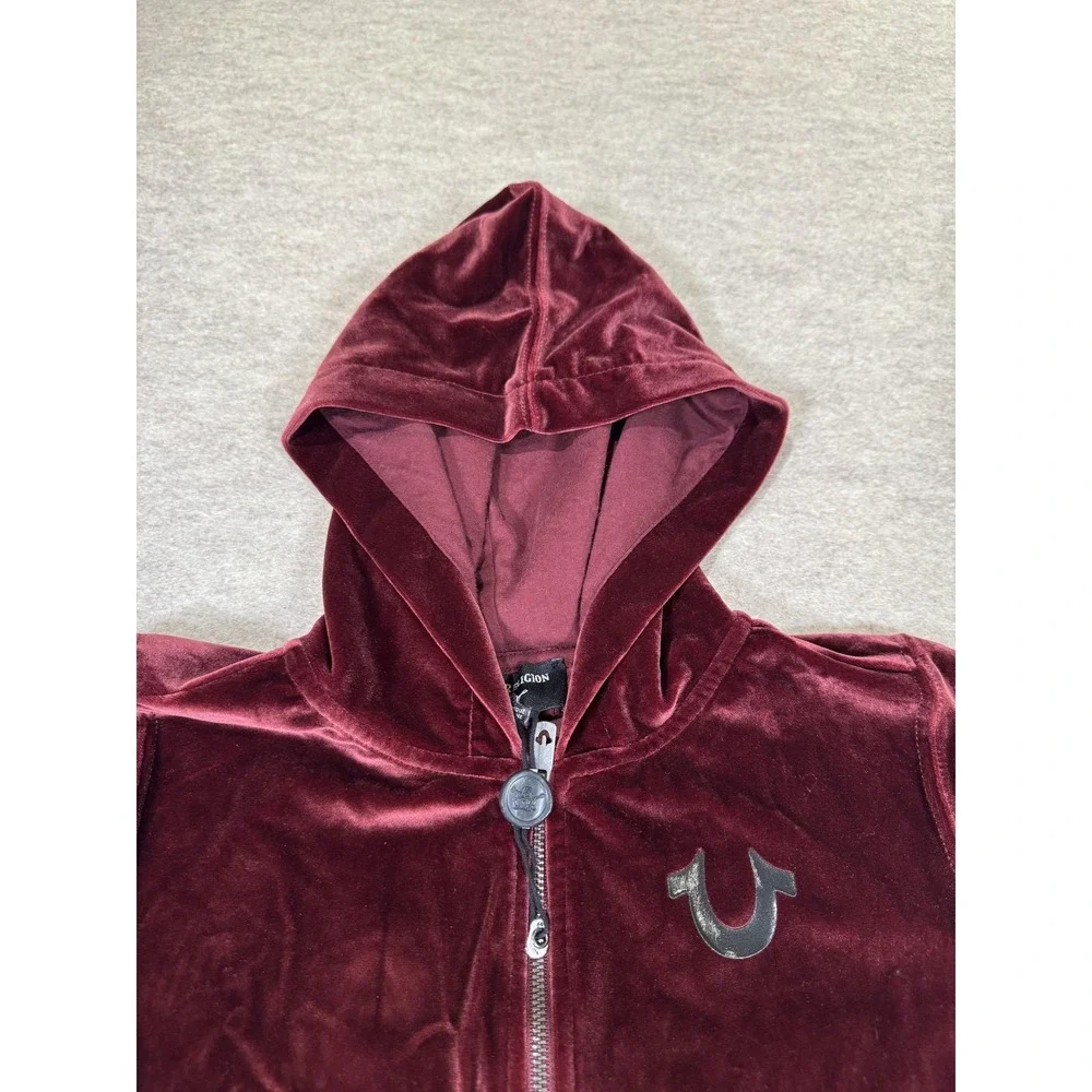 True Religion Hoodie Mens Medium Red Velvet Full Zip World Tour Back Graphic